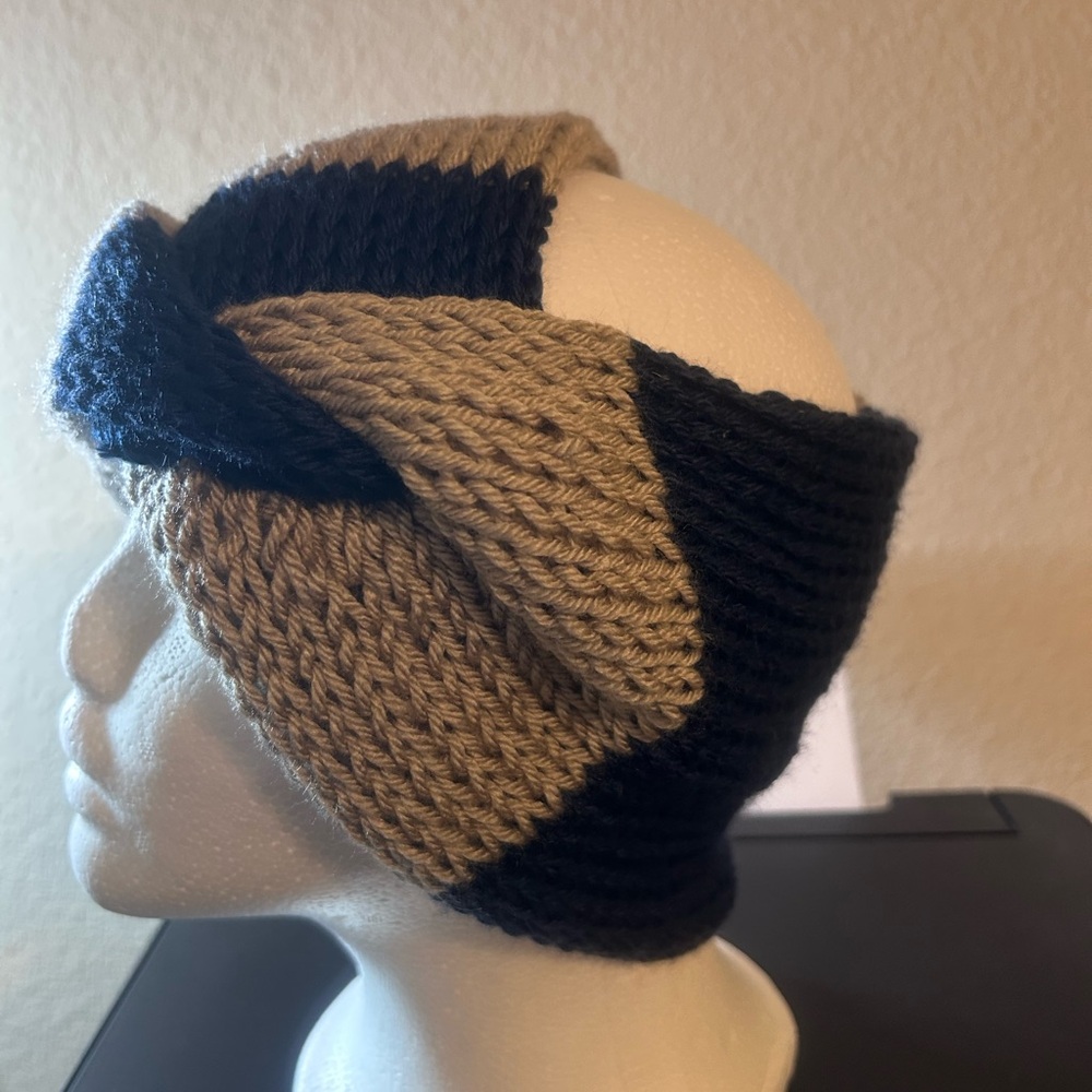 Navy and Tan Knitted Headband 9-1/2# across